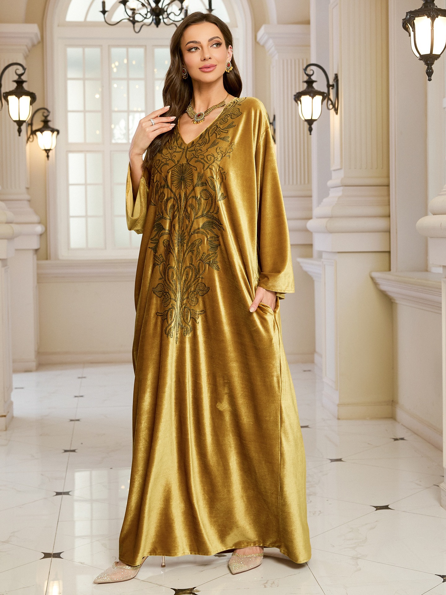 Elegant Embroidered Kaftan Dress Beach Bathing Suit Cover up Long Maxi Dress